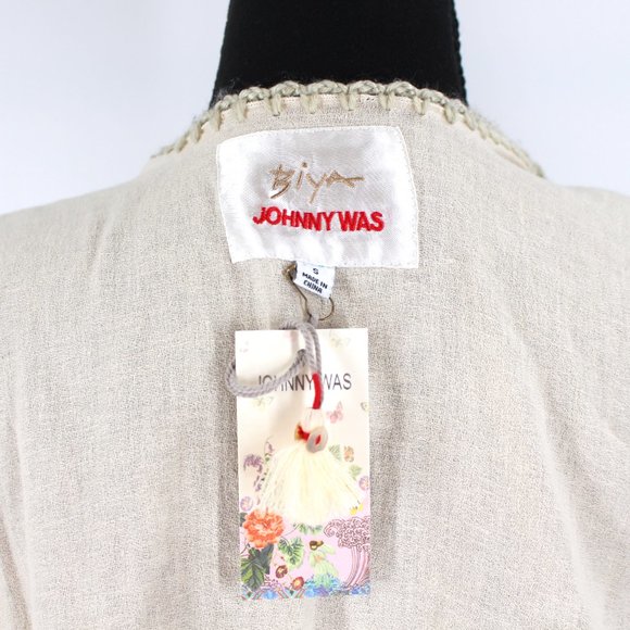 Johnny Was Biya Cream Aro Cotton Linen Embroidered Poncho Wrap Fringe Trim S NEW - Picture 7 of 9